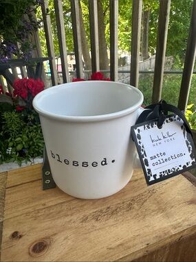 Nicole Miller White Ceramic Planter with "blessed." Black Text